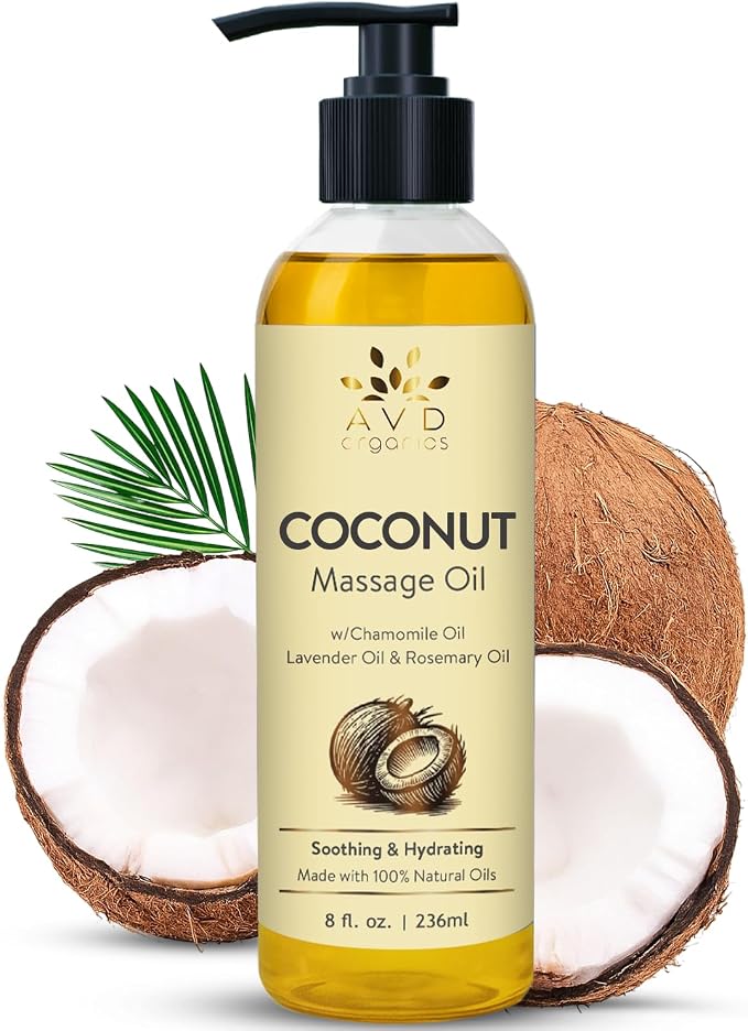 AVD Organics Coconut Massage Oil 236 ml |Infused with Chamomile Lavender and Rosemary | Cold Pressed Oil for Aromatherapy | Skin Nourishment Body | Ideal for DIY | 8 fl.oz