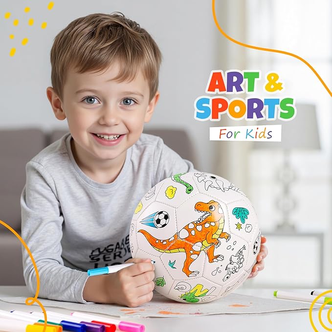 EVERICH TOY Paint Your Own Soccer Ball with Markers, Toddler Arts and Crafts Soccer Gifts, Kids Soccer Ball Size 3 Dinosaur Toys for Boys Girls, Sport Drawing DIY Design Color Play Ball Game with Pump