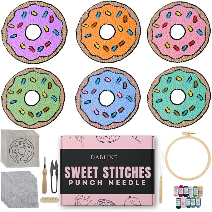 Dabline Punch Needle Kit for Beginners – 6 Pattern Punch Needle Coaster Set with Hoop, Needle, Threader, Yarn & Backing Fabric for Adults and Kids DIY Craft