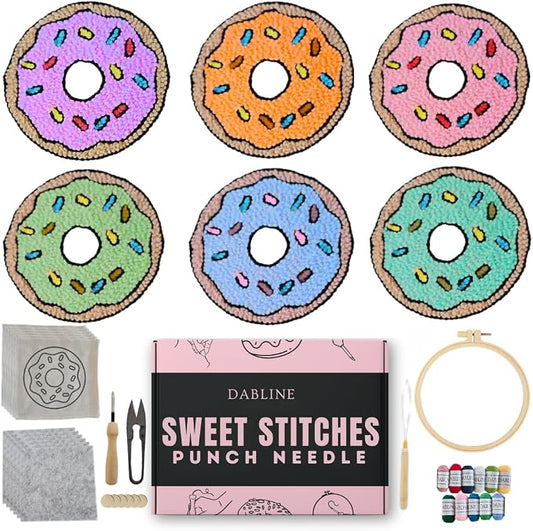 Dabline Punch Needle Kit for Beginners – 6 Pattern Punch Needle Coaster Set with Hoop, Needle, Threader, Yarn & Backing Fabric for Adults and Kids DIY Craft