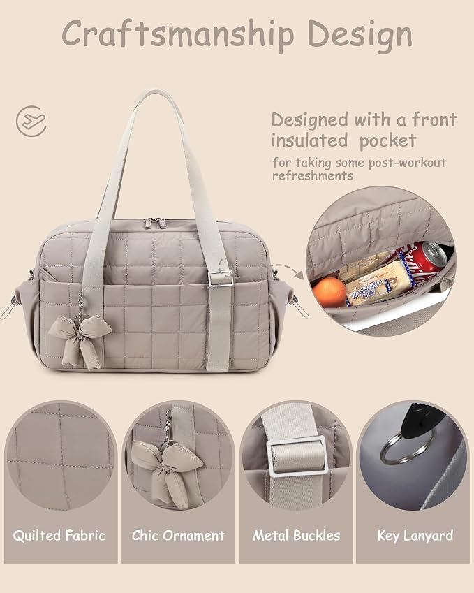 CAMTOP Mini Gym Bag for Women, Small Gym Tote Bag Puffy Quilted Sports Duffel Bag with Wet Compartment and Coin Purse Duffel Bags Dance Yoga Workout Bag for Gifts (Camel-16in, Medium-16")