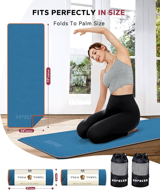 HAPBEAR 2 Pack Hot Yoga Towel with Non-Slip Grip Dots, 72" x 24" - Super Absorbent, Soft Microfiber Yoga Mat Towel for Bikram, Gym, Pilates - Blue