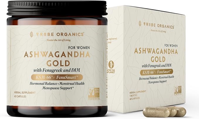 Tribe Organics Ashwagandha Gold - DIM Supplement for Women with Ashwagandha KSM-66®, FenuSmart™ Fenugreek & AstraGin - Clinical-Grade Hormone Balance, Estrogen Support & PMS Relief - 60 Vegan Capsules