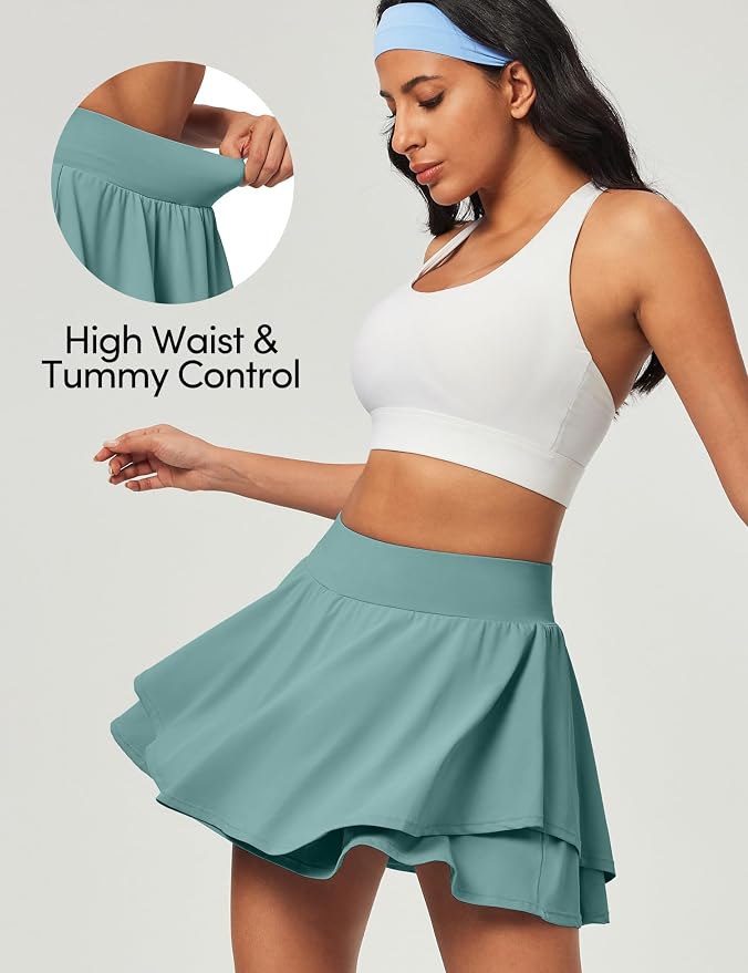 IUGA Tennis Skirt Pleated Skorts for Women with Pockets Skirts for Women | Double Ruffle Skort , Built-In Shorts, 2 Pockets, Tummy Control Breathable, Quick-dry, for Golf, Athletic, Running, Workout