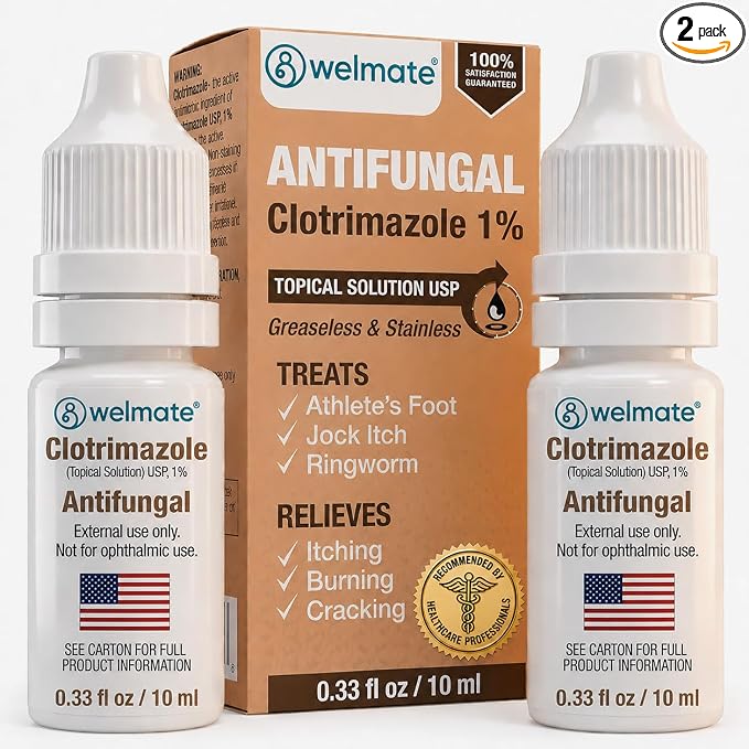 WELMATE Clotrimazole 1% Antifungal Drops, 2 Pack 0.33 fl oz Each - Athlete's Foot, Jock Itch & Ringworm Treatment, Fast-Acting, Greaseless Non-Staining, Relieves Itching, Burning & Cracked Skin