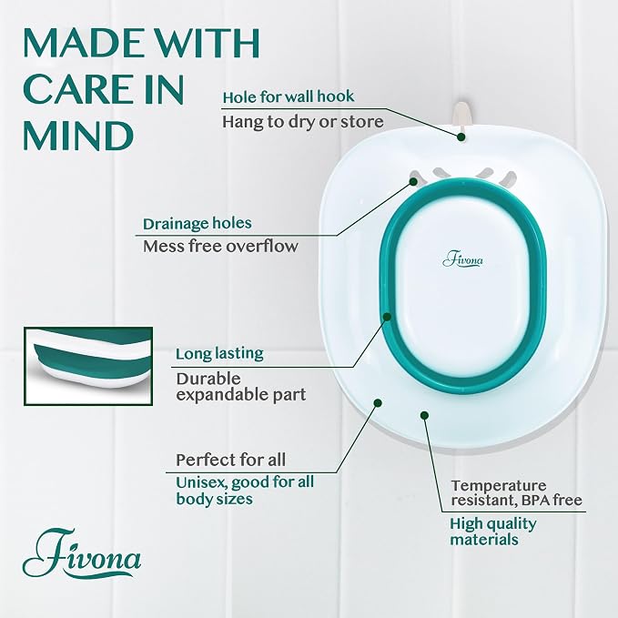 Fivona Sitz Bath for Toilet Seat Postpartum and Hemorrhoids Care - Yoni Steam Seat - Foldable Basin for Epsom Salt Soak - Portable Bidet BPA Free Temperature Resistant - Universal Fit - Green