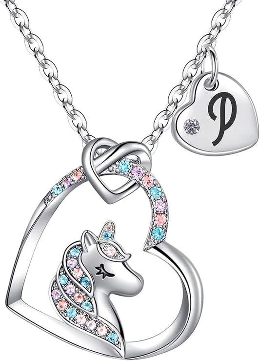 Valentines Day Gifts for Kids Girls - Unicorn Necklace for Girls with Initial Heart Pendant & Gift Box, 18K Gold Fashion Kids Jewelry, Colorful Heart Necklace for Birthdays & Costume Parties.