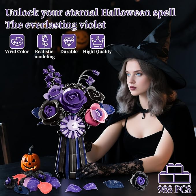 Halloween Purple Black Roses Flowers Bouquet Building Set, Botanical Collection Blocks Artificial Flowers Plant for Adults Women Girlfriend - Gifts for Valentines Birthday Christmas- Gothic Home Decor