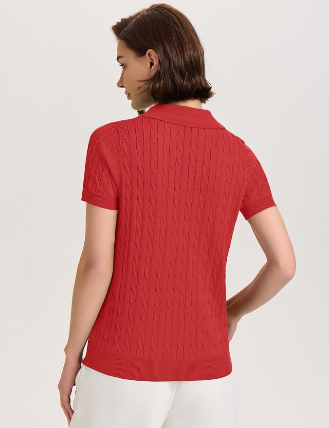 Micoson Womens Short Sleeve Sweater Tops Lapel V Neck Polo Shirts 2026 | Summer Cable Knit Loose Blouses, Business Casual Outfits