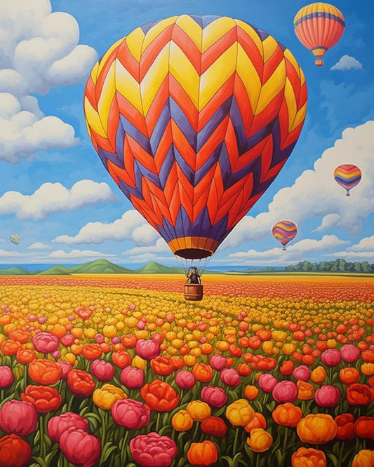 Relaxing Cross Stitch Kit for Women,40x50cm DIY Embroidery Set with Printed Fabric & Threads,Mindful Needlework Craft for Stress Relief & Self Care,Flower Field,Hot Air Balloon