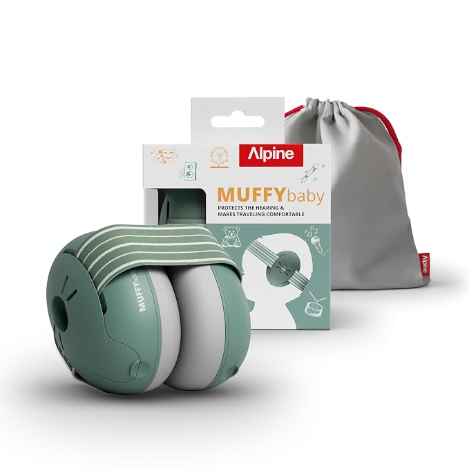 Alpine Muffy Baby Ear Protection for Babies and Toddlers up to 48 Months - CE & ANSI Certified - Noise Reduction Earmuffs - Comfortable Baby Headphones Against Hearing Damage & Improves Sleep - Sage