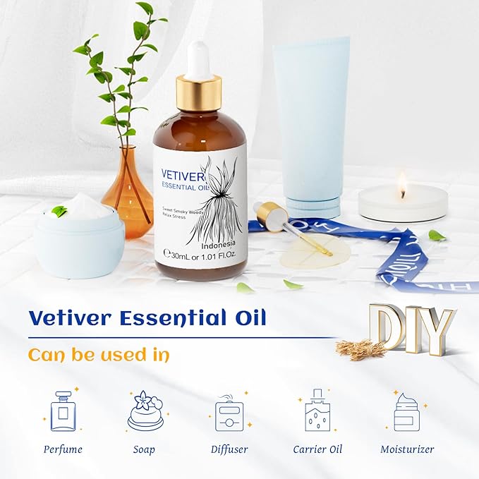 HIQILI 1 Fl Oz Vetiver Essential Oil, for Skin, Candle Making - 30ml | Suitable for Aromatherapy, Candle & Soap Making Scent, SPA, Add to Shampoo, Lip Balm - 30mL / 1 fl oz