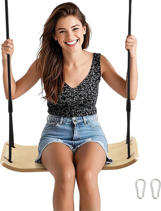 PELLOR Birch Wood Tree Swing - 330lbs Load, 20.8"x7.8" Swing Seat for Adults&Kids, 59-86" Adjustable Nylon Rope, Indoor/Balcony Outdoor Swing for Parent-Child Interaction