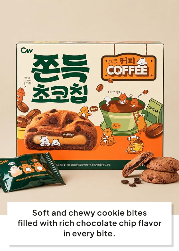 Korean Food CW Chewy Chocolate Chip Cookies Coffee Flavor Mochi Center 240g | Soft and chewy chocolate chip cookies with a mochi center and rich coffee flavor