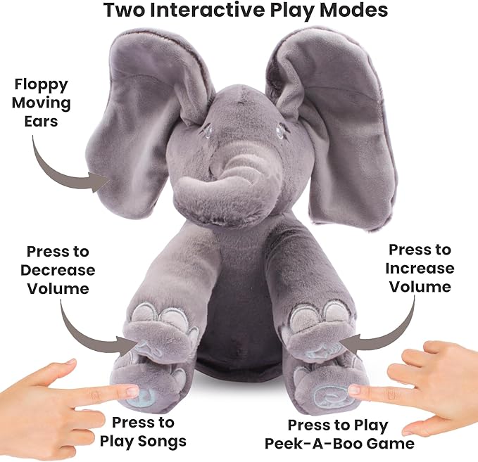 Dimple Emery Peek‑a‑Boo Elephant Plush Toy – Animated Grey Singing Stuffed Elephant for Babies & Kids with Interactive Music & Volume Control Perfect for Toddlers Ages 0 and up