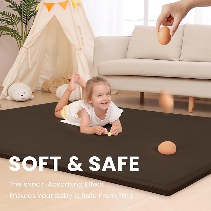 Extra Large 79"x118" Baby Activity Play Mat for Floor, 1.3" Thick Elasti Foam for Tummy Time & Crawling, Non-Slip Nursery Rug for Infants, Toddlers & Kids, Tatami Style Mat for Yoga, Living Room, Classroom & Playroom(Dark Brown)