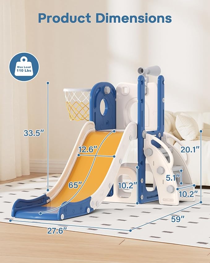 Babytronic Toddler Slide, 6 in 1 Kids Indoor Slide for Toddlers 1-3, Baby Indoor and Outdoor Climber Playset, Kids Slide with Basketball Hoop and Telescope, Toddler Outdoor Playground (Blue&Yellow)