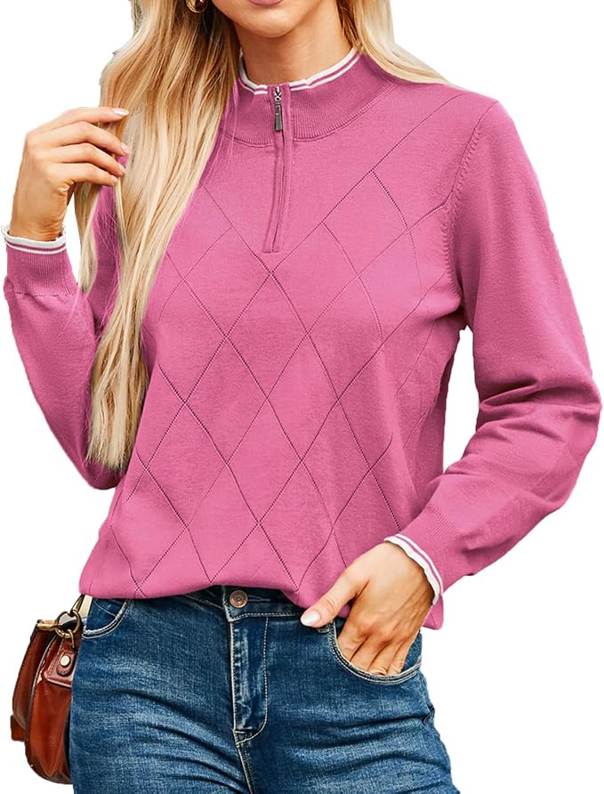 JACK SMITH Quarter Zip Pullover Sweaters for Womens, Rib Polo Sweater Tops | V Neck,Knit,Long Sleeve,Argyle,Open Pattern,Callar,Lightweight,Fashion,Golf Work Business Daily Wear Versatile Pullover Shirt