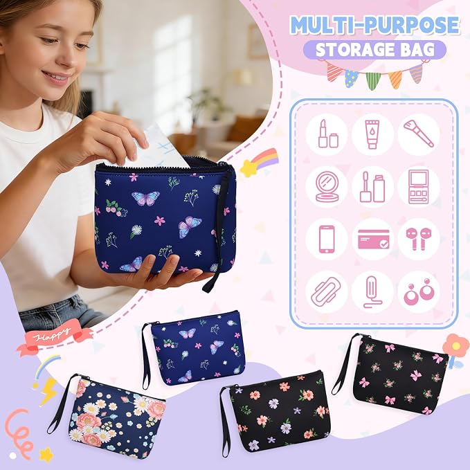 First Period Kit for Girls, Neoprene Sanitary Napkin Storage Bag, Menstrual Pad Bag Tampon Holder for Purse, First Period Gifts for 9-12 (Colorful Floral