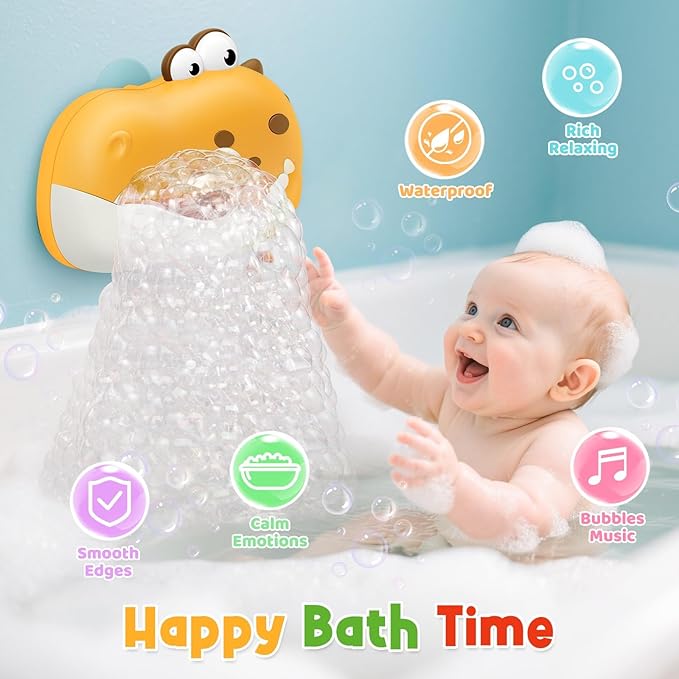 Baby Bath Toys, Rechargeable Dinosaur Bath Bubble Machine with Music, Bathtime Bathtub Toys for Toddlers Birthday Valentines Gifts, Bubble Maker Toys for Kids Ages 1-3 4-8 Baby Gifts (Yellow)