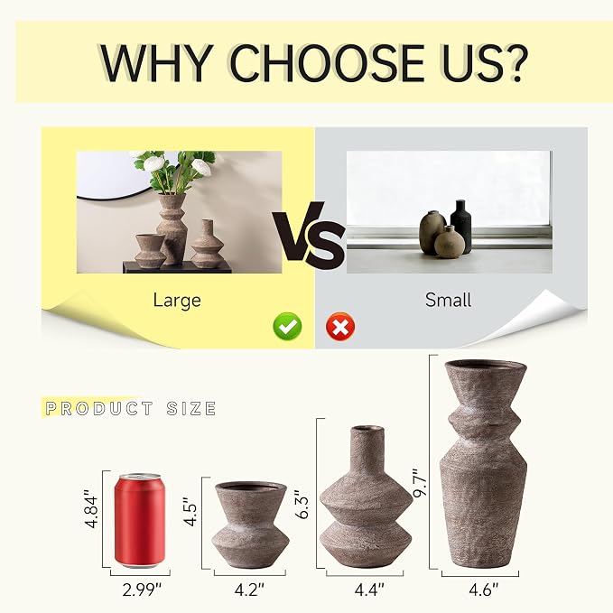 Ceramic Vase Home Table Decor - Brown Flower Vase Set of 3 Living Room Kitchen Decorations Farmhouse Modern Rustic Vases Decorative Centerpiece for Shelf Bedroom Office Bathroom Dining Coffee Desk