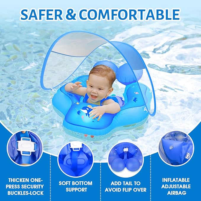 LAYCOL Baby Pool Float with UPF50+ Sun Protection Canopy,Add Tail Never Flip Over Inflatable Baby Float,Toddler for Age of 3-36 Months