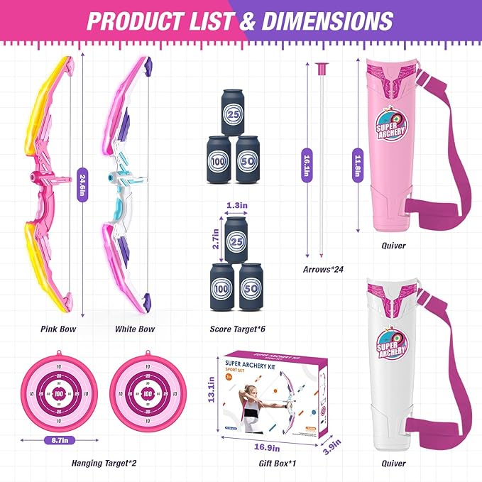 2 Pack Bow and Arrow for Kids, LED Light Up Archery Set with 24 Suction Cup Arrows, 2 Hanging Targets, 6 Score Targets & 2 Quiver, Indoor Outdoor Sport Toys for Girls Ages 4-12