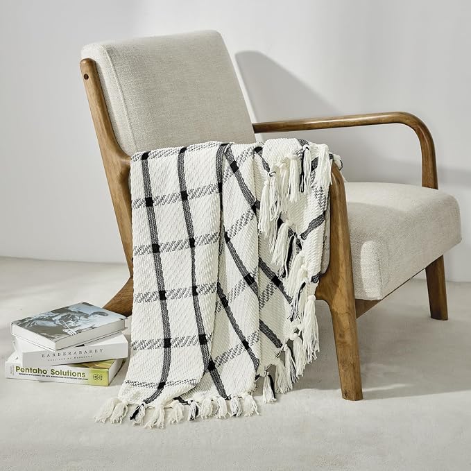 CREVENT 50"X60" Farmhouse Breathable Soft and Warm Chenille Plaid Throw Blanket for Sofa Couch Bed, Home Decoration Throw with Tassles (Black & White)