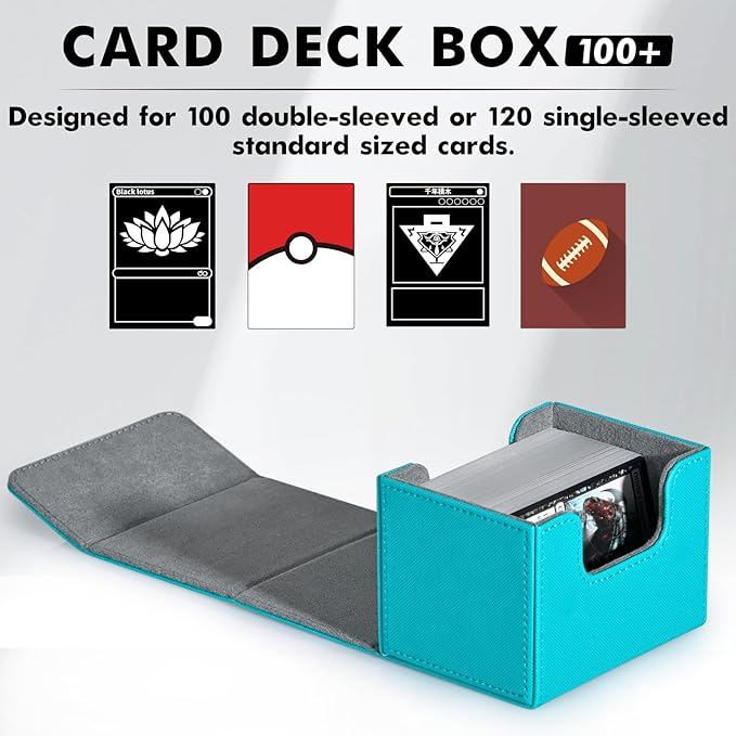 ZLCA Card Deck Box for Trading Cards, MTG Commander Deck Box Holds 120+ Single Sleeved, Leather Magnetic Card Storage Case Fits for TCG CCG Magic (Turquoise)