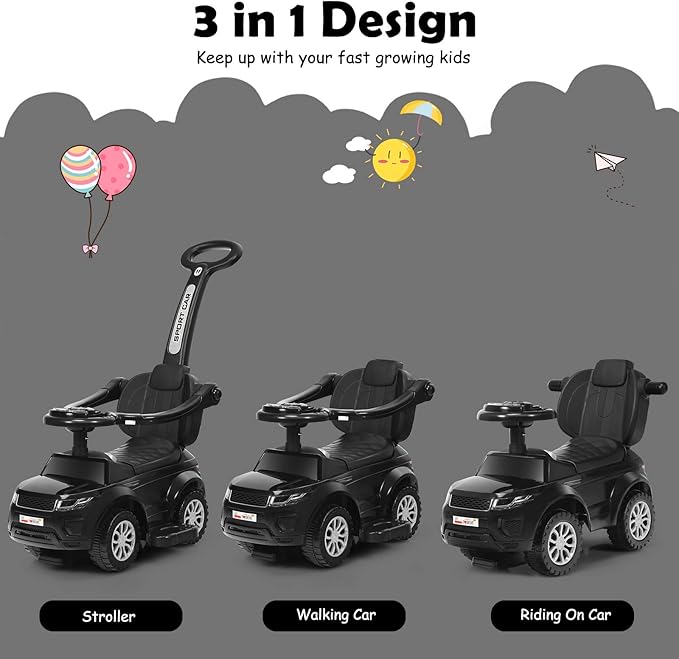 GLACER Push Cars for Toddlers 1-3, 3-in-1 Kids Sliding Car with Detachable Guardrail, Horn, Music, Lights, Storage Box and Anti-Roll Design, Ride on Push Car for Boys Girls (Black)