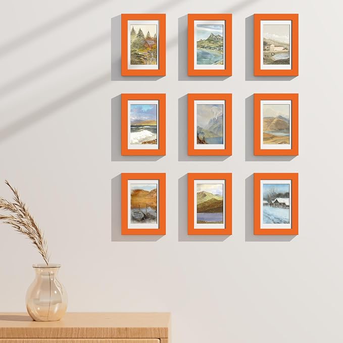 Vittanly 4x6 Picture Frames Set of 9 for Wall or Tabletop Display, Orange | Display Pictures 3.5x5 with Mat or 4x6 without Mat, Small Photo Frames, Engineered Wood with Shatter Resistant Plexiglass