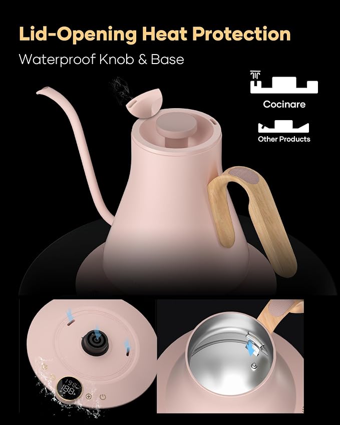 Cocinare Gooseneck Electric Kettle, ±1°F Precise Temperature Control, 1500W Fast Heating, Pour Over Coffee & Tea Kettle with Brew Timer & Keep Warm, Stainless Steel, 0.9L (Munch Pink)