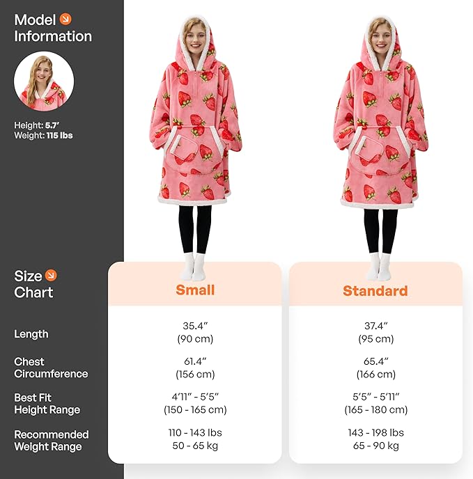 Giggling Getup Wearable Blanket Hoodie for Adults Gifts for Teen Girls Sister Women Sherpa Fleece Printed Hooded Blanket Sweatshirt Warm Cozy with Pocket & Sleeves Pink Strawberry