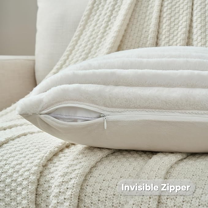 FUTEI Pack of 2 Faux Fur Throw Pillow Covers 20x20 Inch, Cream White | Fluffy Faux Rabbit Fur Front/Premium Velvet Back,Hidden Zipper,Machine Washable,Non-Shedding,Colorfast,Insert Not Included.