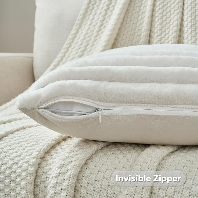 FUTEI Pack of 2 Faux Fur Throw Pillow Covers 16x16 Inch, Cream White | Fluffy Faux Rabbit Fur Front/Premium Velvet Back,Hidden Zipper,Machine Washable,Non-Shedding,Colorfast,Insert Not Included.