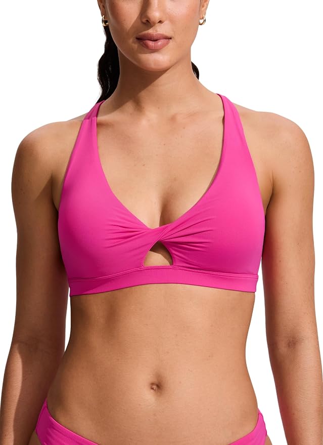 CRZ YOGA Twist Front Cut Out Bikini Tops for Women - Padded V Neck Spaghetti Strap Criss Cross Swim Bathing Suit Bra