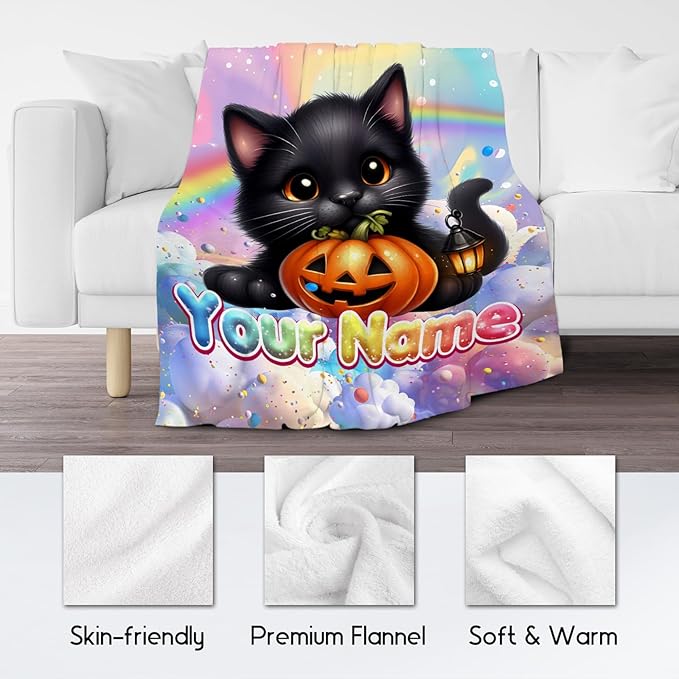 Girls Blankets Personalized 4 Sizes Cozy Soft Flannel Cat Throw for Couch, Bedroom