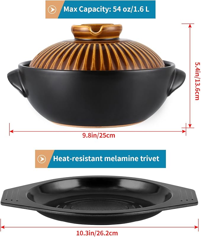 Large Korean Ceramic Bowl with Lid and Trivet, 54 oz Sizzling Hot Pot with Double Handles for Cooking and Serving Dolsot Bibimbap, Soup, Rice, Stew, Casserole, Noodle (Retro Copper)