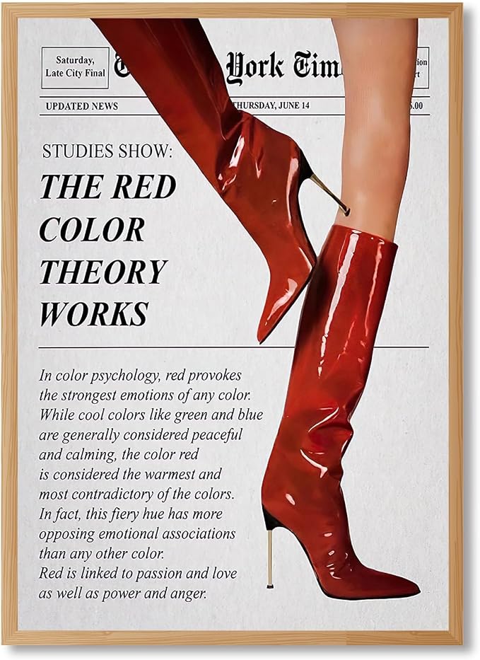 Vintage Color Theory Newspaper Poster Retro Fashion Red Boots Canvas Wall Art Funky Girl Room Decor Feminist Quote Print Wall Decor Aesthetic for Girly Bedroom Home Dorm 16x24inch Wooden Framed