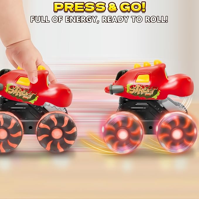 Red Chomping Dino Monster Truck Toy – Press and Go Car with LED Light Wheels – Light-Up Push Car for Toddlers Boys Girls Ages 2 3 4 5 – Dinosaur Toy with Moving Mouth Action