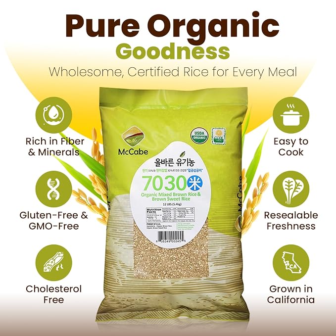 McCabe Organic 7030 (Brown Rice & Brown Sweet Rice), 12-Pound, USDA Certified, CCOF (California Certified Organic Farmers), Product of USA | 12-Pound, USDA Certified, CCOF (California Certified Organic Farmers), Product of USA