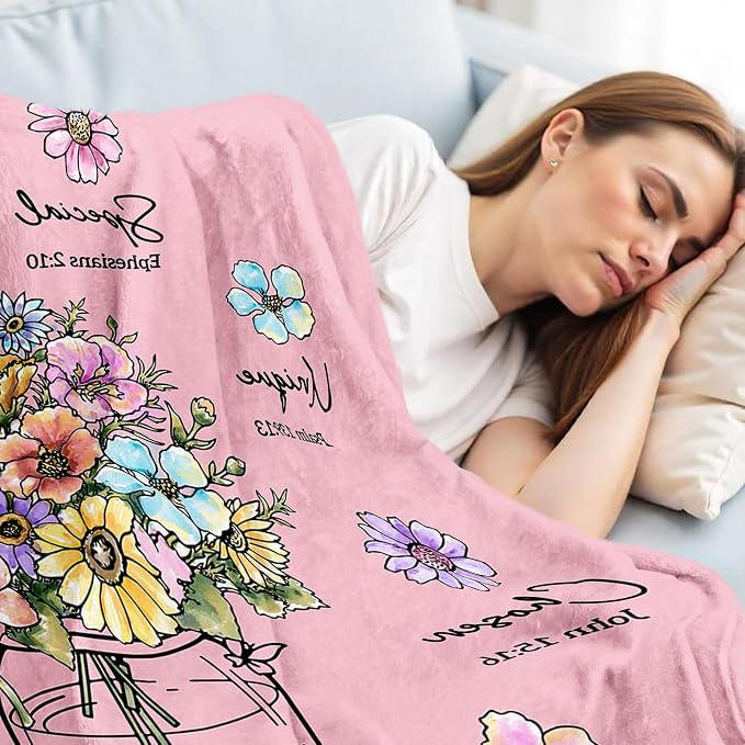 Christian Birthday Gifts for Women, Christian Religious Blanket with Flower | Birthday Gifts for Women, Spiritual Baptism Gifts for Grandma Mom Daughter Girls Wife, Soft Throw Blanket 80''x 60'', Pink