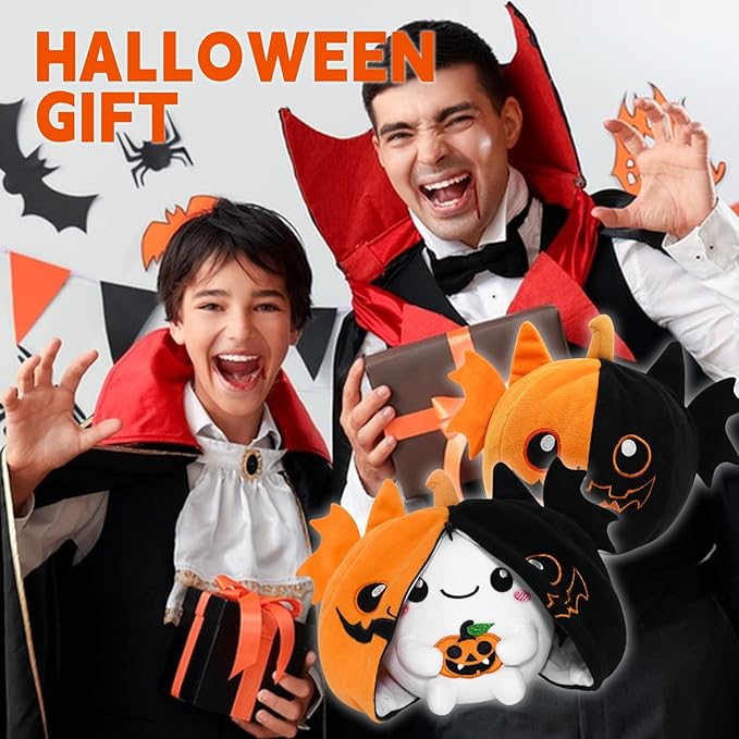 Halloween Stuffed Animal Reversible Bat Ghost Plush, Transformed Pumpkin Plush Zipper, Bat Ghost Stuffed Animal Cute Plushie Birthday Gift for Boys Girls Kids