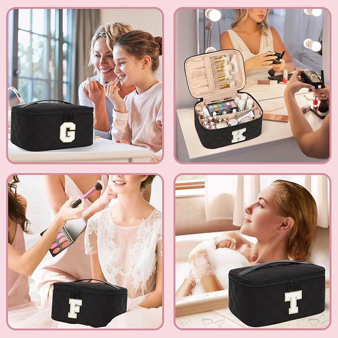 OCHEAL Makeup Bag Valentines Day Gifts for Women, Monogram Cosmetic Bag Black Travel Makeup Case Beauty Toiletry Bag Organizer Personalized Gifts for Girls Bridesmaid, Sister, Wife, Friends Initial S