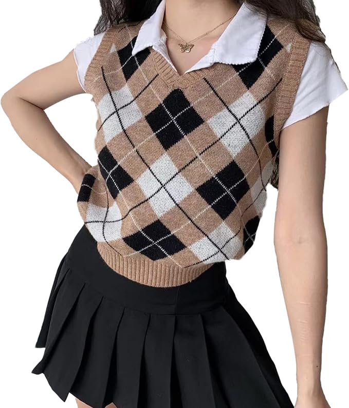 Women's Sweater Vest,Y2K Sleeveless Pattern Preppy Style Knitted Crop Tank Top for Girl