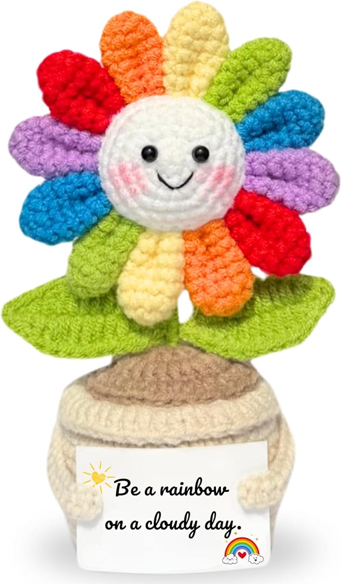 Emotional Support Crochet Flower in Rainbow Colors with Encouragement Card – Handmade Plush Decoration Gift for Desk, Office, Home – Thoughtful Gift for Women, Friends, Coworkers