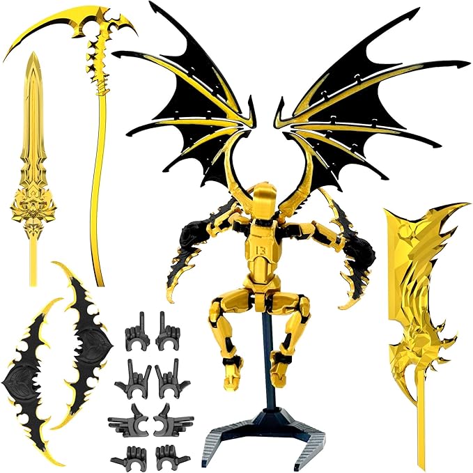 T13 Action Figure Already Assembled, Devil Wings Titan 13 Action Figure 3D Printed T13 Action Figures Set, T 13 Robo 13, Lucky 13, Gift for Dummy Collectors Desktop Decorations (Black Gold)