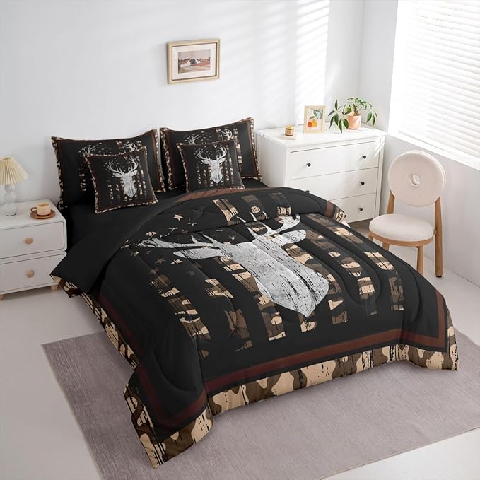 Feelyou Brown Deer Hunting Camo Twin Comforter Set with Sheets for Kids Boys Girls Camouflage Camo 7 Pieces Bedding Set American Flag Bed in a Bag Wild Animal Room Decor Soft Lightweight Microfiber