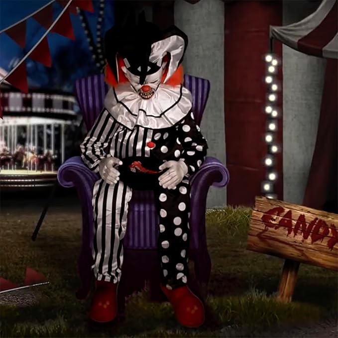Haunted Hill Farm Hartley The Sitting Scare Clown by Tekky, Motion-Activated Talking Jump-Scare Halloween Animatronic for Halloween Party Prank Decoration, Plug-in or Battery Operated Halloween Props