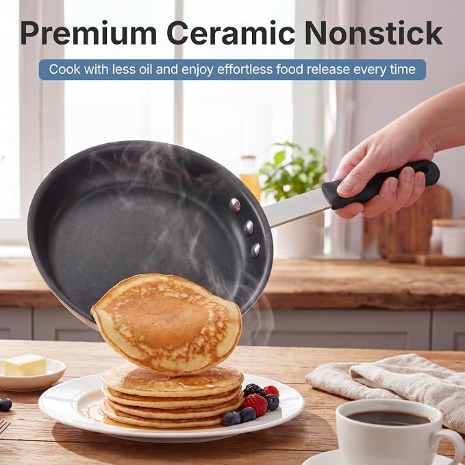 DUMOS 8 Inch Nonstick Frying Pan, Heavy-Gauge Aluminum Skillet with Ceramic Nonstick Coating, Stainless Steel Base & Handle, Omelet Pan for Induction, Electric, Gas, PFAS Free, Oven Safe, Black Handle